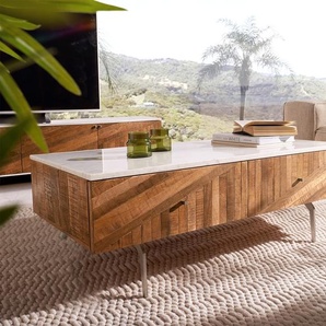 Couchtisch Bahan 115x60 cm Mango Teak 2 Schubladen Marmorplatte weiss Winkelfuß Edelstahl, Couchtische