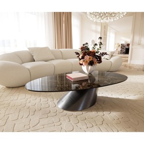 Couchtisch Edge Oval 140x75 cm Keramik Laminam® Emperador Extra Lucidato Dunkelbraun Conis Metallic Silber, Couchtische