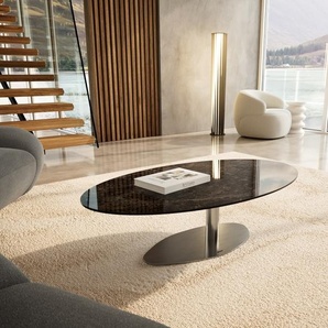 Couchtisch Edge Oval 140x80 cm Keramik Laminam® Emperador Extra Lucidato Dunkelbraun Vibany Edelstahl gebürstet, Couchtische