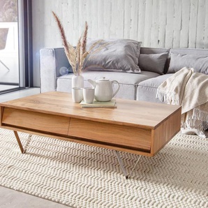 Couchtisch Eloi 115x60 cm Akazie Natur 4 Schubfächer V-Fuß Edelstahl, Couchtische