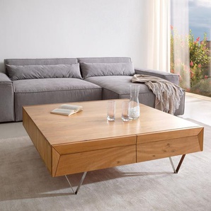Couchtisch Kayu 115x115 cm Akazie Natur 4 Schübe V-Fuß Edelstahl, Couchtische