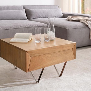 Couchtisch Kayu 60x60 cm Akazie Natur 2 Schübe V-Fuß Edelstahl, Couchtische