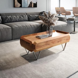 Couchtisch Kiano 100x50 cm Akazie Natur 2 Schübe V-Fuß Edelstahl, Couchtische