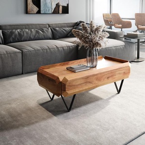Couchtisch Kiano 100x50 cm Akazie Natur 2 Schübe V-Fuß Schwarz, Couchtische