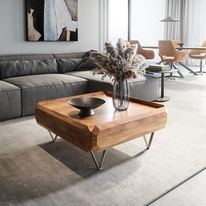 Couchtisch Kiano 90x90 cm Akazie Natur 2 Schübe V-Fuß Edelstahl, Couchtische