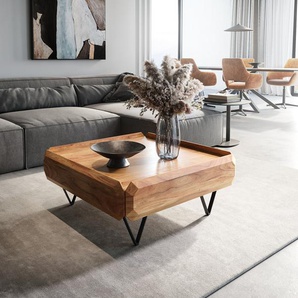 Couchtisch Kiano 90x90 cm Akazie Natur 2 Schübe V-Fuß Schwarz, Couchtische