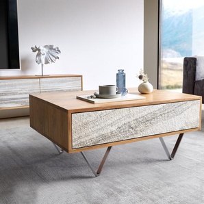 Couchtisch Kleo 80x60 cm Akazie Natur 2 Schübe V-Fuß Edelstahl, Couchtische