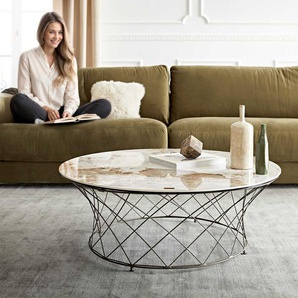 Couchtisch Lassina 100x100 cm Keramik Minas Melange Weiß-Beige Gestell Metall Effektfinish Titan, Couchtische