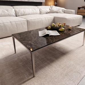 Couchtisch Levente 110x60 cm Keramik Laminam®Emperador Extra Lucidato Dunkelbraun Gestell Edelstahl Silber, Couchtische