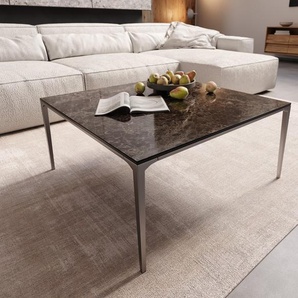 Couchtisch Levente 85x85 cm Keramik Laminam®Emperador Extra Lucidato Dunkelbraun Gestell Edelstahl Silber, Couchtische