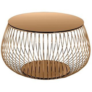 Couchtisch mit Metallkorb, Ø 72 cm, 6 mm Tischplatte Rosegold verspiegelt - Wohnzimmertisch, Sofatisch