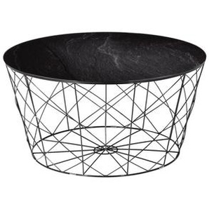 Couchtisch mit Metallkorb, Ø 80 cm, Foliert in Marmoroptik Schwarz, Gestell Schwarz - Wohnzimmertisch, Sofatisch