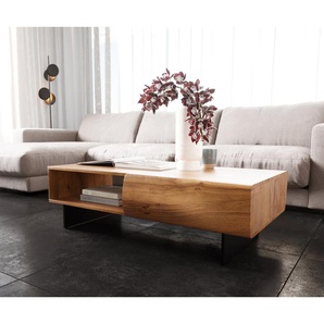 Couchtisch New Live-Edge 115x60 cm Akazie Natur 2 Schubladen 1 Fach Fuß schwebend Metall Schwarz, Couchtische, Baumkantenmöbel, Massivholzmöbel, Massivholz