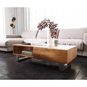 Couchtisch New Live-Edge 115x60 cm Akazie Natur 2 Schubladen 1 Fach Kufe Edelstahl gebürstet, Couchtische, Baumkantenmöbel, Massivholzmöbel, Massivholz