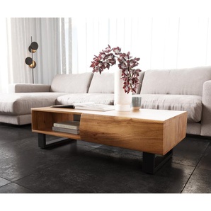 Couchtisch New Live-Edge 115x60 cm Akazie Natur 2 Schubladen 1 Fach Kufe Metall Schwarz, Couchtische, Baumkantenmöbel, Massivholzmöbel, Massivholz