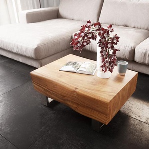 Couchtisch New Live-Edge 80x60 cm Akazie Natur 2 Schubladen Kufe Edelstahl gebürstet, Couchtische, Baumkantenmöbel, Massivholzmöbel, Massivholz