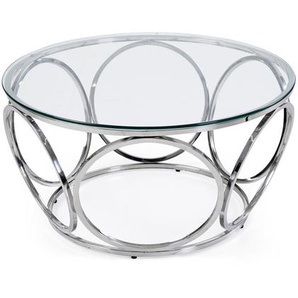Couchtisch Ø 80 cm, Silber/Klarglas, mit Design-Gestell aus Stainless Steel - Wohnzimmertisch, Sofatisch