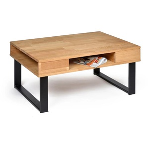 Couchtisch PRO LINE Tische Gr. B/H/T: 92 cm x 45 cm x 67 cm, braun (eiche, schwarz, eiche) Couchtische eckig aus Massivholz FSC 100%, Ablagefächer, Metallgestell in schwarz