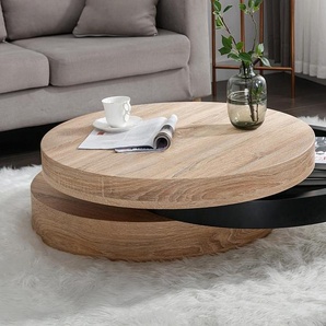 Couchtisch rund - drehbar - 1 Ablagefach - MDF - Schwarz & Holzfarben hell - JANITA