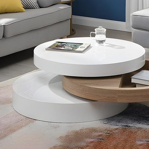 Couchtisch rund - drehbar - 1 Ablagefach - MDF - Weiß & Holzfarben hell - JANITA