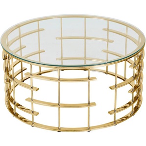 Couchtisch SALESFEVER Tische Gr. B/H/T: 90 cm x 42 cm x 90 cm, mit Design-Gestell in Stainless Steel, goldfarben (gold, gold, klar) Couchtische rund oval Gestell gefertigt aus rostfreiem Edelstahl