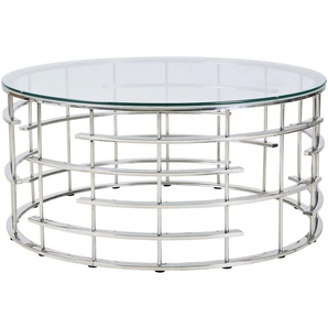 Couchtisch SALESFEVER Tische Gr. B/H/T: 90 cm x 42 cm x 90 cm, mit Design-Gestell in Stainless Steel, silberfarben (silber, silber, klar) Couchtische rund oval Gestell gefertigt aus rostfreiem Edelstahl