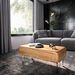 Couchtisch Shavani 100x50 cm Akazie Natur 1 Schublade L-Fuß Edelstahl Silber, Couchtische