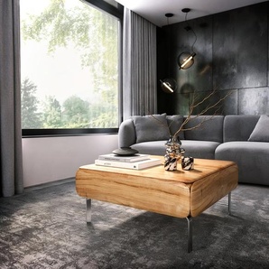 Couchtisch Shavani 90x90 cm Akazie Natur 2 Türen L-Fuß Edelstahl Silber, Couchtische