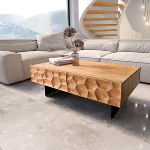 Couchtisch Solu 120x70 cm Akazie Natur 4 Schübe Fuß schwebend Metall Schwarz 3D-Front, Couchtische