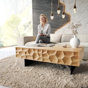 Couchtisch Solu 120x70 cm Eiche Natur 4 Schübe Fuß schwebend Metall Schwarz 3D-Front, Couchtische