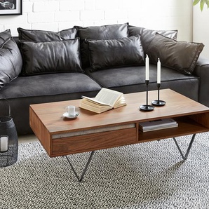 Couchtisch Stonegrace 115x60 cm Akazie Braun Schiefer 2 Schubladen 1 Fach V-Fuß Schwarz, Couchtische