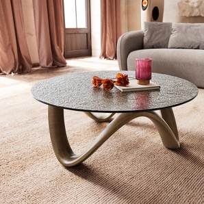 Couchtisch Tanju 90x90 cm Metallic Gold mit Reliefglas Taupe, Couchtische