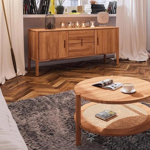 Couchtisch Zola rund aus Kernbuche massiv und Rattan Durchmesser 80 cm