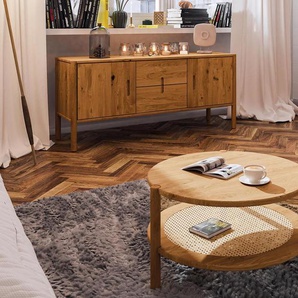 Couchtisch Zola rund aus Wildeiche massiv und Rattan Durchmesser 60 cm