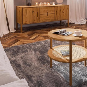 Couchtisch Zola rund aus Wildeiche massiv und Rattan Durchmesser 70 cm