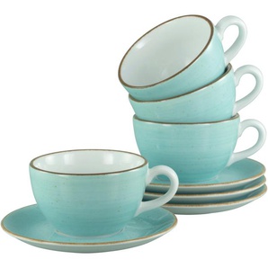 CreaTable Cappuccinotasse Vintage Nature Aqua, Cappuccino-Set, 8-tlg., Porzellan, Handgemalt, Gesprenkelt, Rustikales Außenband