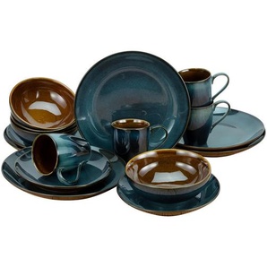 Creatable Kombiservice Mallorca, Braun, Petrol, Keramik, 16-teilig, 300 ml,400 ml, Essen & Trinken, Geschirr, Geschirr-Sets, Kombiservice