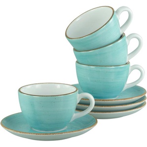 CreaTable Tasse Vintage Nature Aqua, Kaffeetassen-Set, 8-tlg., Porzellan, Handgemalt, Gesprenkelt, Rustikales Außenband