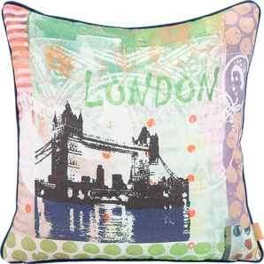 Dekokissen H.O.C.K. Lieblingsstädte LONDON Dekokissen_Sitzkissen_Kissenhüllen Gr. B/L: 45 cm x 45 cm, 1 St., bunt (grün, lila, mauve, bedruckt) Dekokissen gemustert mit London-Motiv, Wendekissenhülle Füllung, 1 Stück