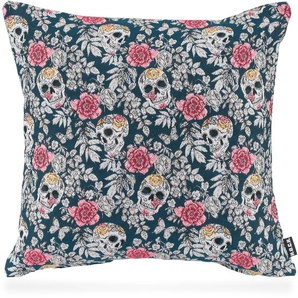 Dekokissen H.O.C.K. Valentin Dekokissen_Sitzkissen_Kissenhüllen Gr. B/L: 45 cm x 45 cm, 1 St., bunt (petrol, pink, geblümt) Dekokissen gemustert mit Totenkopf-Motiv, Kissenhülle Füllung, 1 Stück