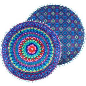 Dekokissen HAPPINESS Mandy Dekokissen_Sitzkissen_Kissenhüllen Gr. B/L: 55 cm x 55 cm, 1 St., bunt (blau, violett, multi, bedruckt, geblümt) Dekokissen gemustert Mit pompons