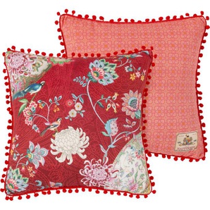 Dekokissen HAPPINESS Ming Dekokissen_Sitzkissen_Kissenhüllen Gr. B/L: 48 cm x 48 cm, 1 St., rot (rot, bedruckt) Dekokissen gemustert mit Pompons