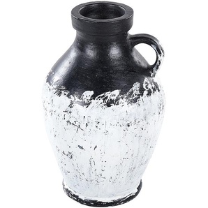 Dekorative Vase weiß und schwarz aus Terrakotta 33 cm handgefertigt bemalt Retro Vintage inspiriertes Design