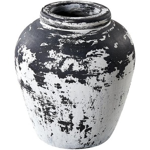 Dekorative Vase weiß und schwarz aus Terrakotta 33 cm handgefertigt bemalt Retro Vintage inspiriertes Design