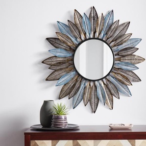 Dekospiegel HOME AFFAIRE Spiegel Gr. B/H/T: 88 cm x 88 cm x 7 cm Ø 33 cm, blau (blau, schwarz, gold) Dekospiegel Spiegel Wandspiegel, modern, rund, Ø 88 cm, Federmotiv, aus Metall