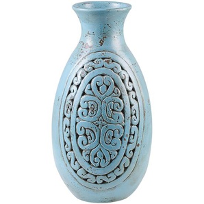 Dekovase Blau Terrakotta mit wunderschönen Verzierungen Robuste Form 26x26x51 Modernes Trendy Design Eleganz Wohnzimmer Flur Büro