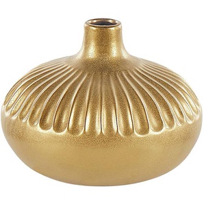 Moderne Dekovase aus Steinzeug in Gold 27 cm Rund Gerippt Glamour Stil Flurdeko Wohnzimmer Schlafzimmer Wohnaccessoires Tischdekoration