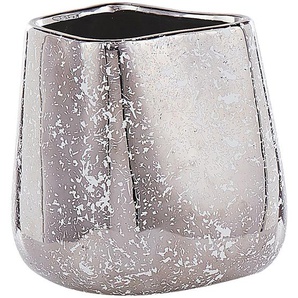 Dekovase aus Steinzeug in glänzendem Silber 20 cm asymmetrisch Glamour Stil Flurdeko Wohnzimmer Schlafzimmer Wohnaccessoires Tischdekoration