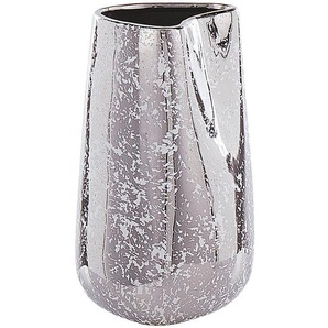 Dekovase aus Steinzeug in glänzendem Silber 27 cm asymmetrisch Glamour Stil Flurdeko Wohnzimmer Schlafzimmer Wohnaccessoires Tischdekoration