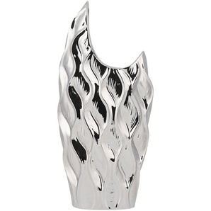 Dekovase Silber 18 x 54 cm Steinzeug Metall Optik mit stilvollen Linien Pflegeleicht Wohnartikel Unregelmäßige Form Modern